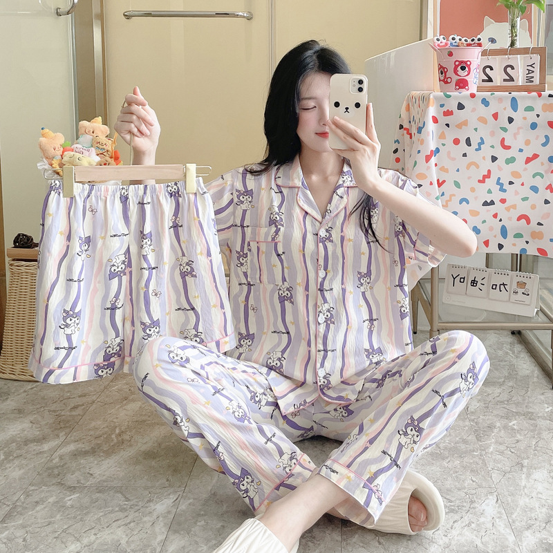 国境を越えた日本と韓国のクラウドコットンパジャマ3点セット春夏レディースプリントかわいいホーム服漫画スーツ新しいスタイル|undefined