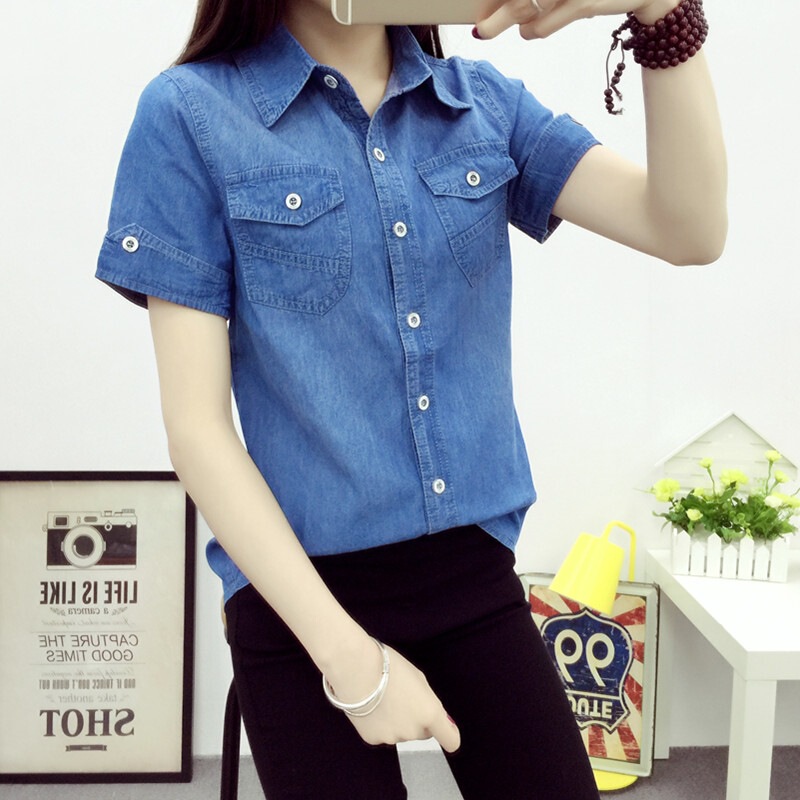 Denim Shirt for Women, Summer Casual Short-Sleeved Pure Cotton Large Size Slim Fit Korean Style Denim Shirt for Girls, Thin Style, College Style Denim Shirt for Women, Summer Casual Short-Sleeved Pure Cotton Large Size Slim Fit Korean Style Denim Shirt for Girls, Thin Style, College Style