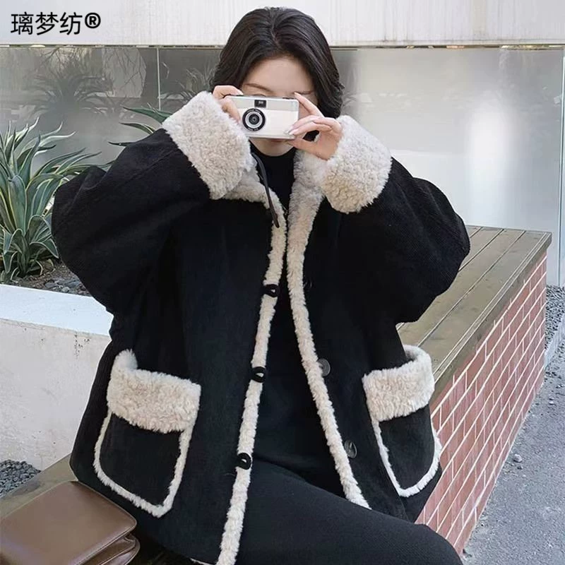 Quilted corduroy demi‑season jacket, plus size, Chanel style, increased thickness, black/white