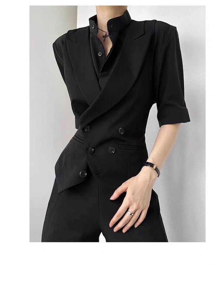 Áo vest nữ dáng ôm cổ chữ V phối nút, kiểu gile công sở thanh lịch — Áo vest một mảnh màu trắng, Áo vest một mảnh màu đen chi tiết 3