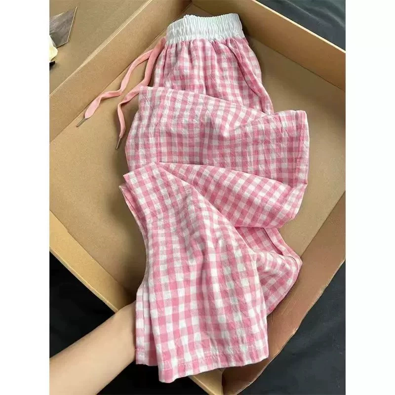 2025 лето новый розовый повседневный широкий прямой клетчатый брюки женщины дофамина длинные брюки