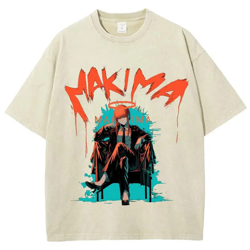 Foreign Trade Summer Anime Chainsaw Man Peripheral Printed T-Shirt Summer Cotton Washed Retro Distressed Short-Sleeved Top