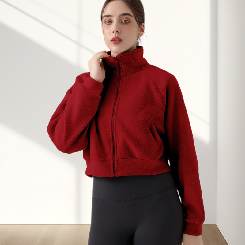 Fleece-Lined Yoga Jacket with Stand Collar, Sports Jacket, Warm with Pockets, Polar Fleece, Loose, Windproof, Thickened Jacket
