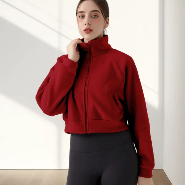 Fleece-Lined Yoga Jacket with Stand Collar, Sports Jacket, Warm with Pockets, Polar Fleece, Loose, Windproof, Thickened Jacket
