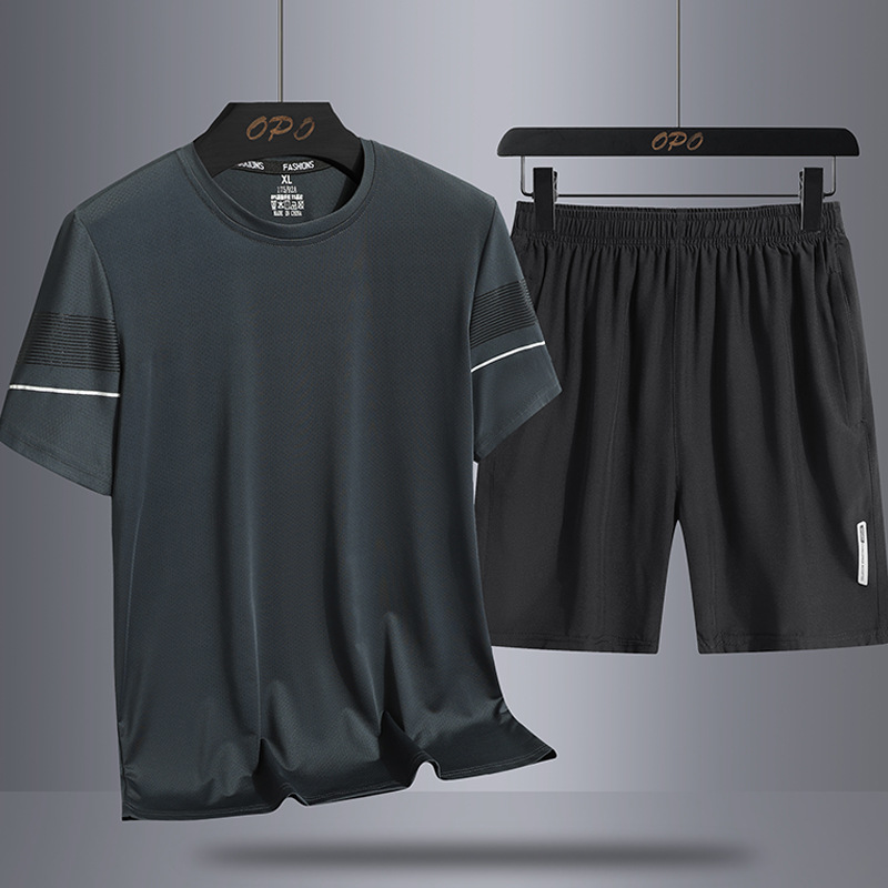 Verano de los hombres de hielo de seda casual traje deportivo suelto de dos piezas de los hombres nuevos transpirables de secado rápido cuello redondo camiseta pantalones cortos