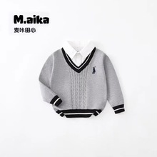 2024春秋02款儿童假两件针织毛衣男童学院风洋气上衣春秋长袖宝宝