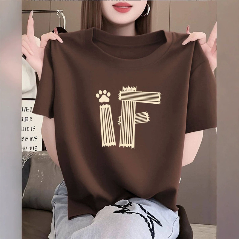 Summer Cotton Short-Sleeve T-Shirt for Women, Fashionable and Versatile, Stylish High-End Design, Coffee Color, Thin and Slimming Top