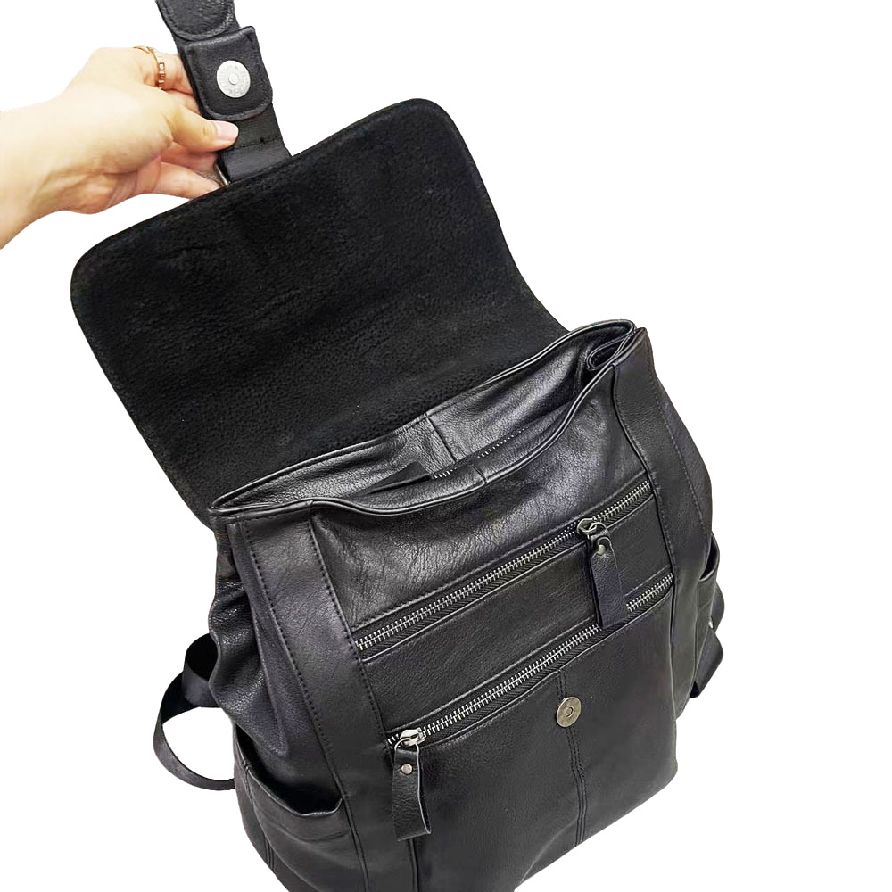 Leather Backpack, Fashionable Men's And Women's Backpack, Black Soft Cowhide Travel Backpack_voghion.com