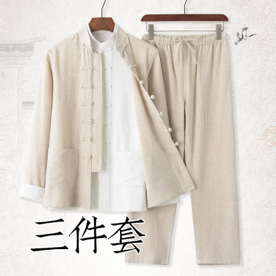 棉麻唐裝男士青年套裝中國風複古外套中式男裝亞麻漢服古風中山裝
