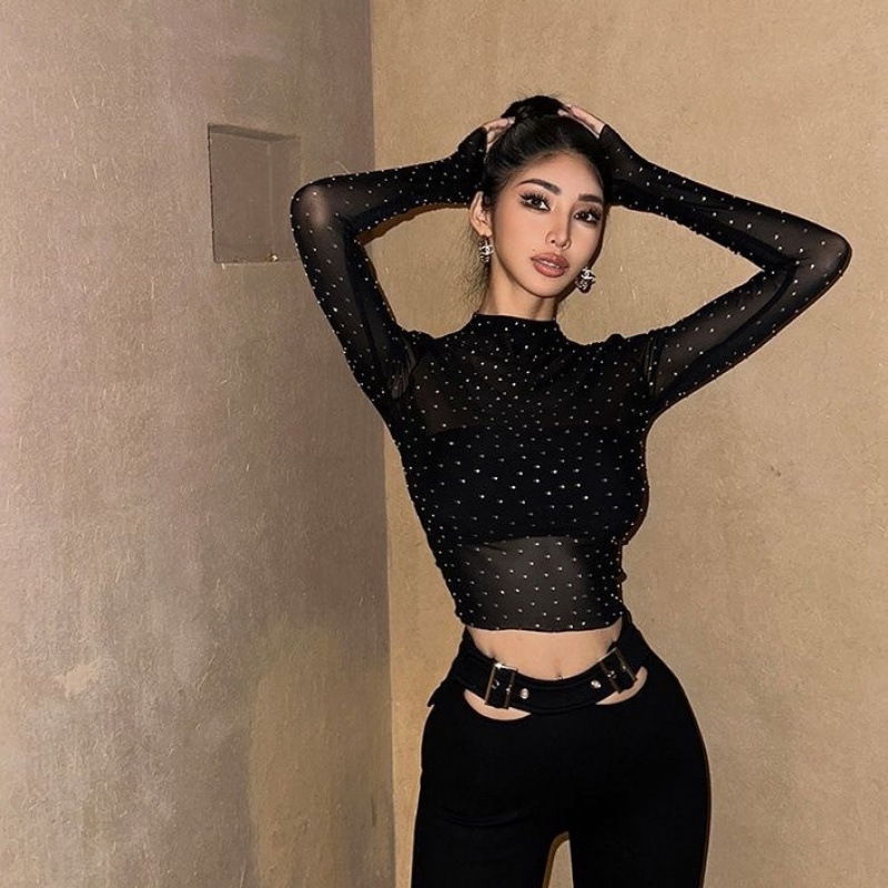 French-Style Fashionable Half-High Collar Slim-Fit Base Shirt Top Summer Sun Protection Sexy Mesh Sheer Hot Girl French-Style Fashionable Half-High Collar Slim-Fit Base Shirt Top Summer Sun Protection Sexy Mesh Sheer Hot Girl