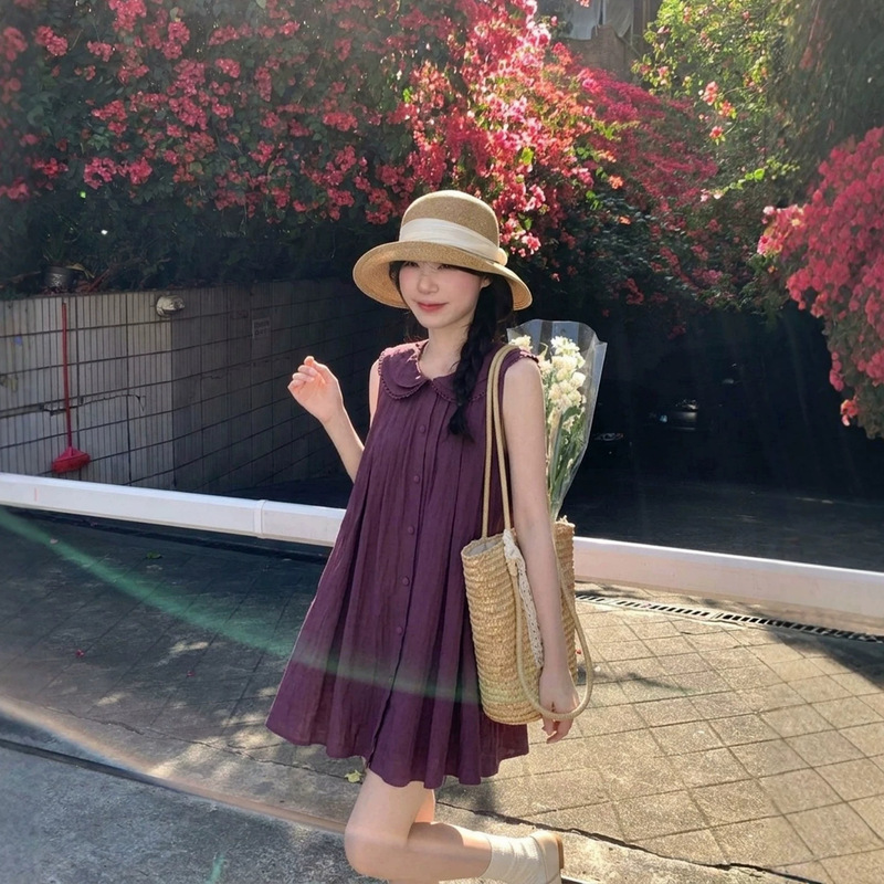 Elegant doll-collar sleeveless tank dress for women, purple, loose-fitting, slimming, stylish summer short dress Elegant doll-collar sleeveless tank dress for women, purple, loose-fitting, slimming, stylish summer short dress