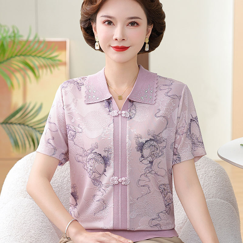 Mother's Day Mom Summer Short-Sleeved T-Shirt 2026 New Style Middle-Aged and Elderly Women's Summer Lapel Ice Silk Shirt Set Mother's Day Mom Summer Short-Sleeved T-Shirt 2026 New Style Middle-Aged and Elderly Women's Summer Lapel Ice Silk Shirt Set