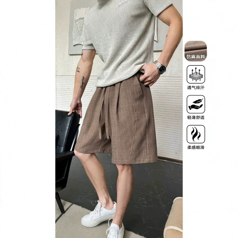 Summer Breathable Old Money Style Deconstructed Diagonal Cut Faux Linen Shorts for Men, American Niche Drawstring Casual Wide-Leg Shorts