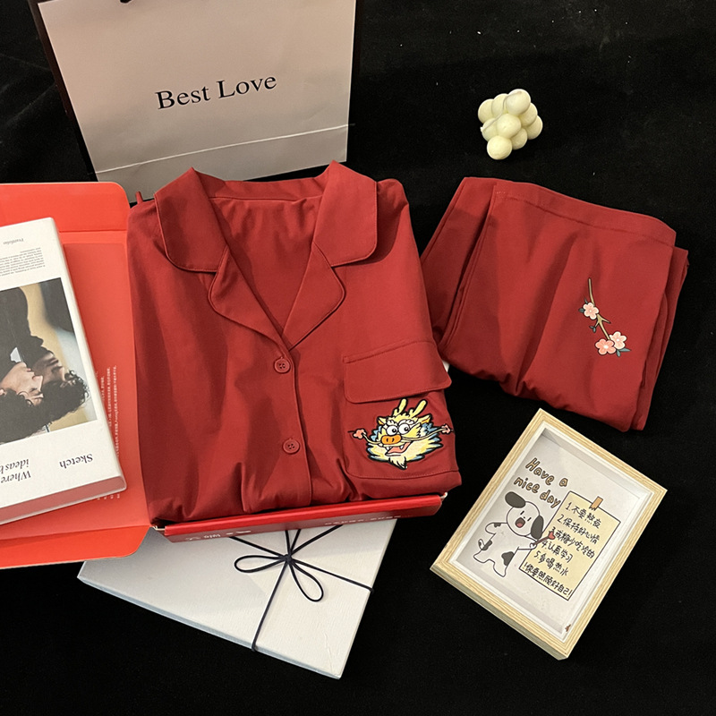 Dragón rojo año pareja pijamas primavera y otoño puro algodón de manga larga 2024 Nuevo Año de la boda de los hombres y las mujeres de invierno homewear
