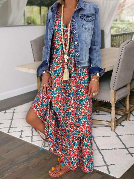 Meilleures ventes de vêtements féminins printemps/été en Europe et aux États-Unis : robe longue à bretelles et col en V, imprimé bohème, idéale pour la plage_voghion.com