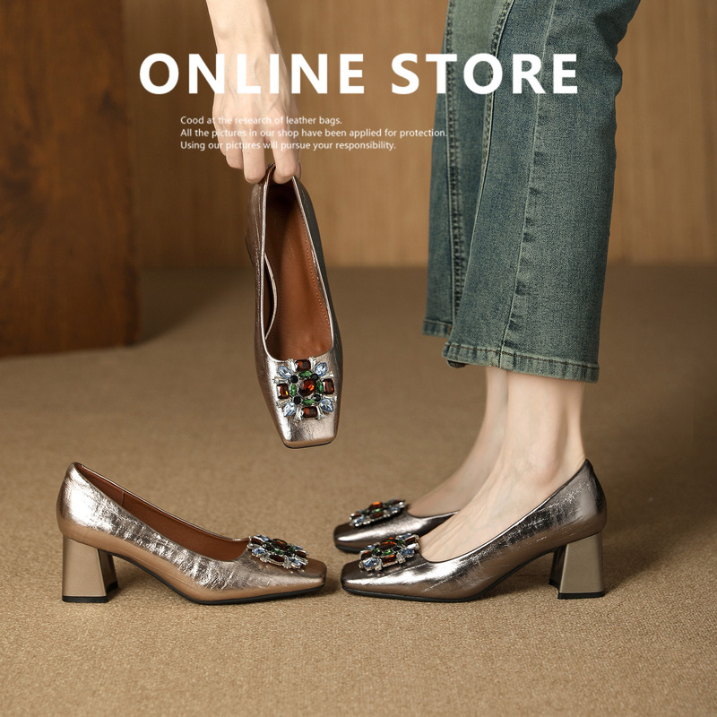 Comfortable high-heeled shoes with a high-end feel, new spring and autumn style, rainbow rhinestone square toe, chunky heel, slip-on shallow single shoes for women