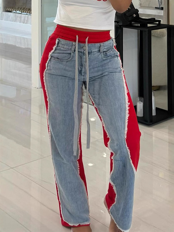 D8709 新品速卖通亚马逊欧美时尚个性女装女裤拼接牛仔裤销售|undefined