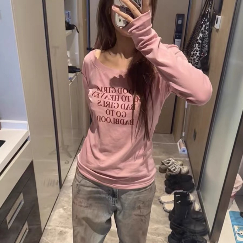 韓国バッドブラッドアメリカンレトロルーズ長袖Tシャツレディーストレンディホットガールニッチカジュアルレイジースタイルボトリングシャツ|undefined