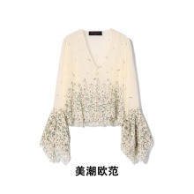 美潮欧范外贸 新款女装 时尚气质百搭显瘦欧美风V领真丝印花衬衫