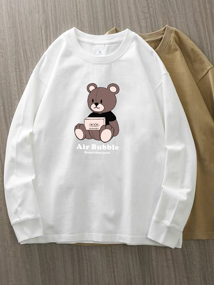 230g 100% algodón de alta gama camiseta de mujer de manga larga primavera y otoño nuevo estilo coreano camiseta de cuello redondo para mujeres