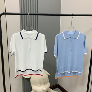 9387 Contrast Color Lapel Short Front and Long Back t Macaron Lapel Short-Sleeved Preppy Style Four-Stripe Knitted Polo Shirt