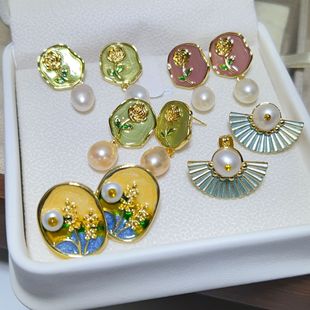 Monet Garden Baroque Natural Pearl Earrings French Colorful Drop Glaze Flower Earrings Light Luxury High-end Earrings