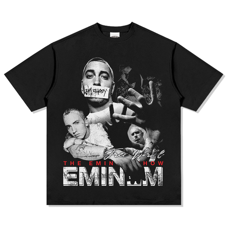 エミネムeminemプリントアメリカンヒップホップストリート長袖半袖レトロ水洗いオールドファッションtシャツ