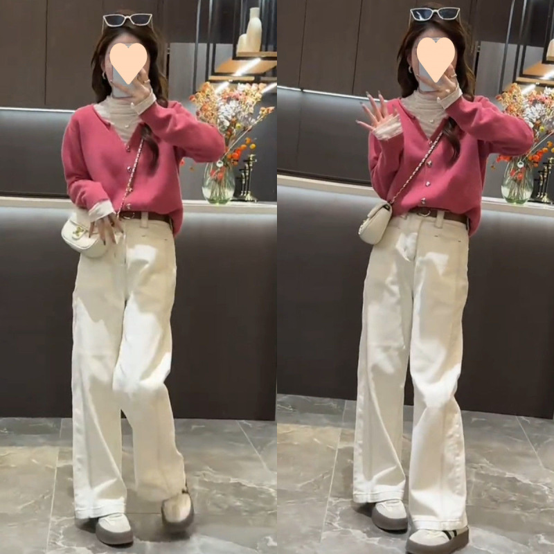 秋装搭配一整套2025针织开衫牛仔阔腿裤两件套时尚洋气时髦套装女|undefined
