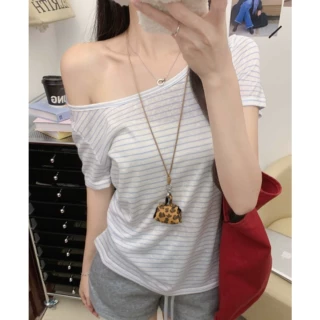 K3329莱赛尔斜肩短袖T恤女春夏时尚宽松显瘦百搭撞色条纹无袖上衣