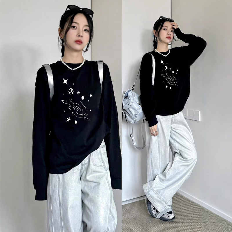 Plus-Size Women's Pure Cotton Long-Sleeve T-Shirt, Black, American-Style Casual Chic, Early Autumn, Single Wear, Large Size Top for Women Plus-Size Women's Pure Cotton Long-Sleeve T-Shirt, Black, American-Style Casual Chic, Early Autumn, Single Wear, Large Size Top for Women