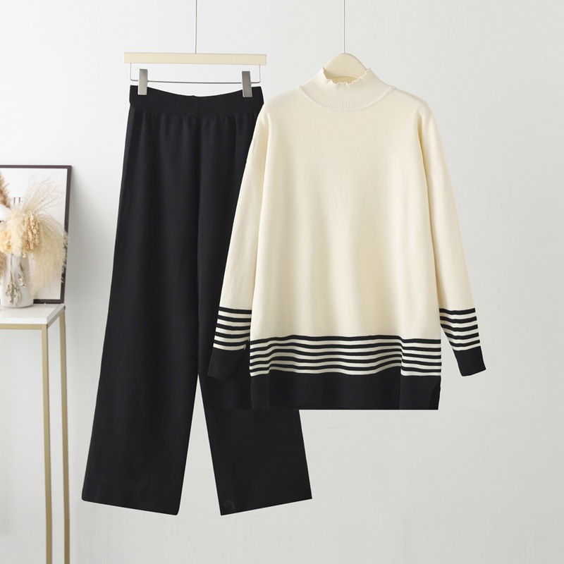 Abbigliamento da donna nuovo abito casual alla moda alla moda che riduce l'età top in maglia pantaloni a gamba larga abito in due pezzi_voghion.com