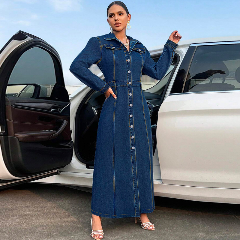 708g Weight Maxi Long Dress Dress Length Type Long Sleeve Sleeve Length Denim Dress Dresses Type Cotton (more than 30%), Denim Fabric Type High Waist Waist Line Holiday, Street Occasion Turndown Neckline Slim Fit Type Solid Color Pattern Spring, Autumn Season Women's Gender Streetwear Style Wholesale Women's Streetwear Solid Color Holiday Street Turndown Long Sleeve Denim Dress 3