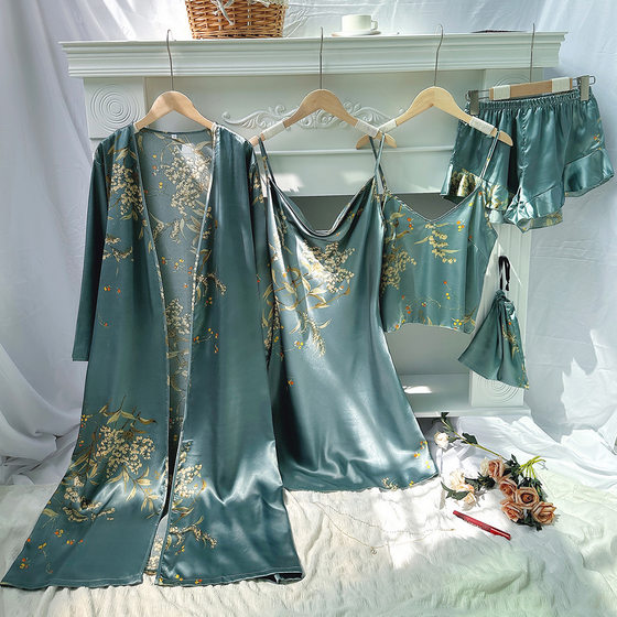 Sling Women's Four Seasons Home Clothes Lace-Up Nightgown Nightgown Two-Piece Set Thin Outer Wear Mid-Length Pajamas suit