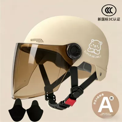 Motosiklet kaskı (dəbilqə), 3C certification electric motorcycle helmet men's - 02-khaki-brown-long-mirror-silver-bear-ear-protection