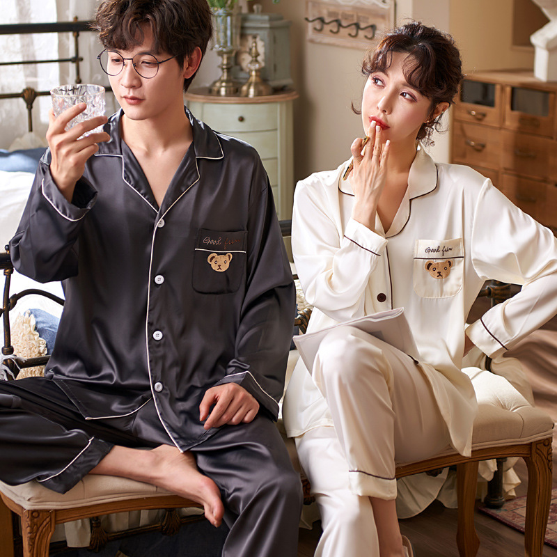 Couple Pajamas Women's Autumn and Winter Ice Silk Long Sleeve Cartoon Printed Set New Large Size Men's Home Clothes