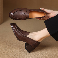 5CM~英伦风中跟复古乐福鞋女2025年春季新款真皮粗跟圆头通勤单鞋