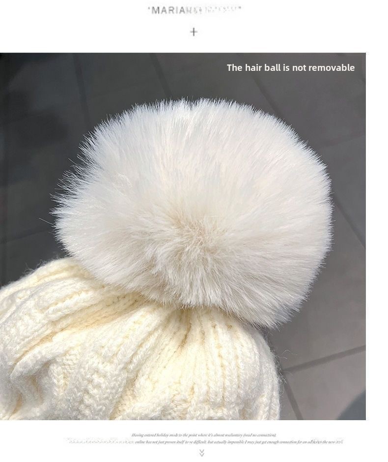 Wintermütze aus Wolle mit Fleecefutter, dicke, warme Strickmütze aus dem Nordosten, für Damen, großer Kopf, Ohrenschutz, Haarballmütze, weiße Ballmütze_voghion.com