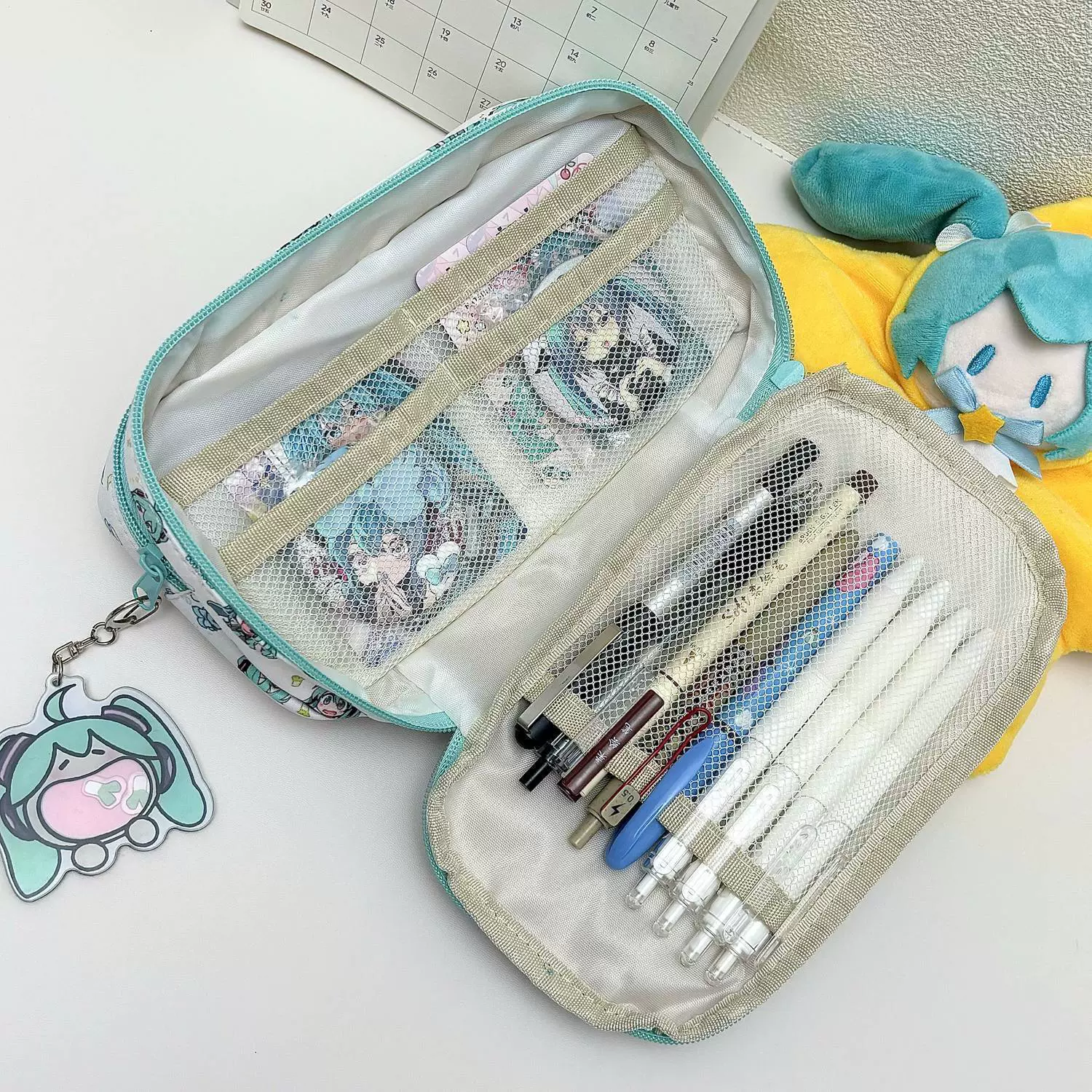 Pencil case (Brand) capacious anime print bag, double-zip organizer with keychain, 0.135 kg