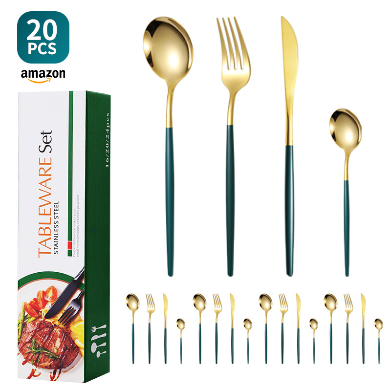 Transfronterizo amazon portugal 20 piezas traje de vajilla occidental cuchillo de carne de acero inoxidable, tenedor y cuchara caja de regalo