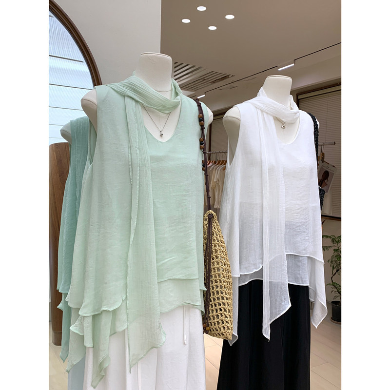 Gentle Flowing V-Neck Sleeveless Shirt, Summer Light and Airy Double-Layered Design, Loose Slimming Tank Top for Women Gentle Flowing V-Neck Sleeveless Shirt, Summer Light and Airy Double-Layered Design, Loose Slimming Tank Top for Women