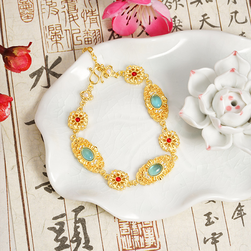 Retro Vietnam arena oro pulsera China diamantes de viento hueco filamento flor brocado pulsera mujer no se desvanece joyas