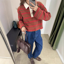 南油上衣女秋冬法式复古条纹撞色翻领休闲百搭长袖T恤宽松上衣女