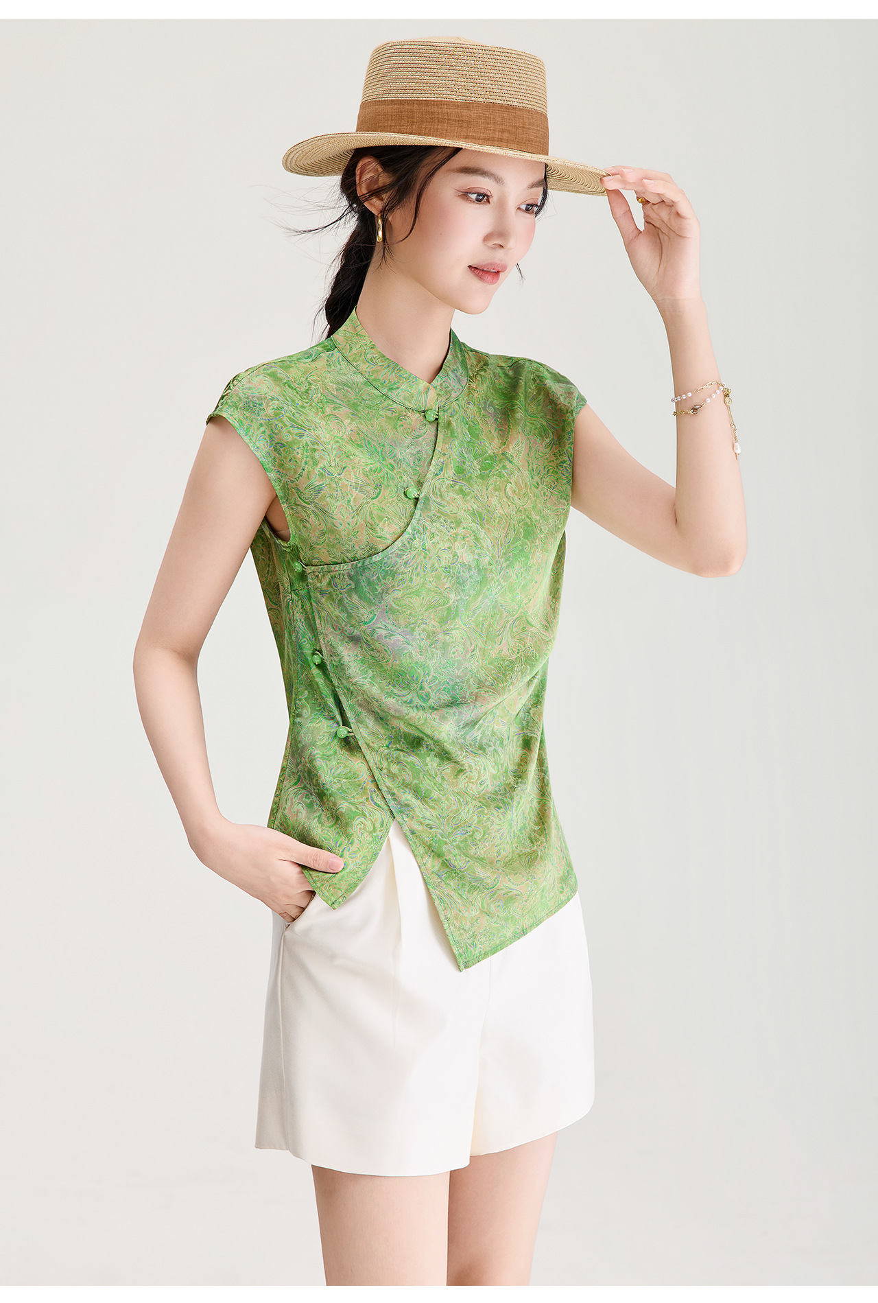 Áo vest không tay nữ kiểu Trung Quốc mới, chất lụa Jacquard nhuộm chìm, tà áo chéo, mặc mùa hè — màu xanh nhạt chi tiết 21
