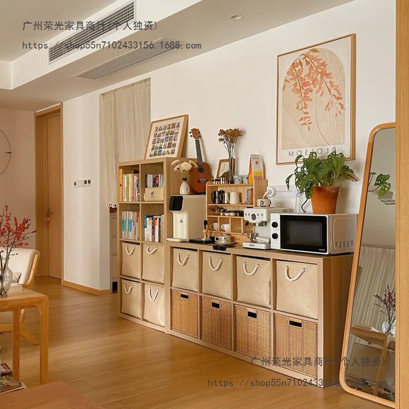 Solid Wood Floor-Standing Bookshelf Integrated Wall Cabinet Storage Cabinet Living Room Storage Cabinet Home Japanese Style Lattice Cabinet Solid Wood