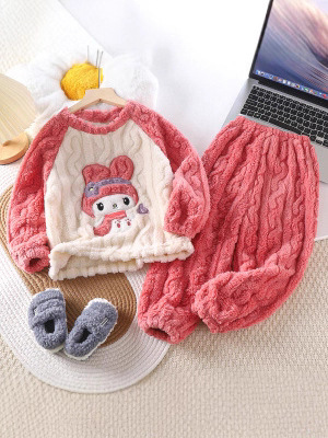 Autumn and winter warm, thick cloud velvet cartoon pajamas set for middle and middle children, male and female children, adult parent-child clothing