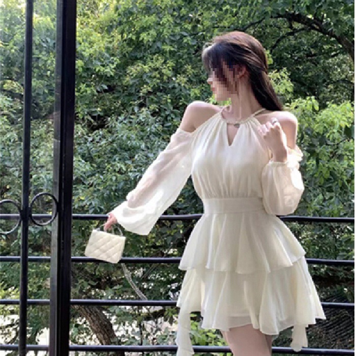 2024 French White Long-sleeved Off-shoulder dress Fairy Waisted Sweet Chiffon Short Skirt Cake Skirt Women's Inner 2024 French White Long-sleeved Off-shoulder dress Fairy Waisted Sweet Chiffon Short Skirt Cake Skirt Women's Inner