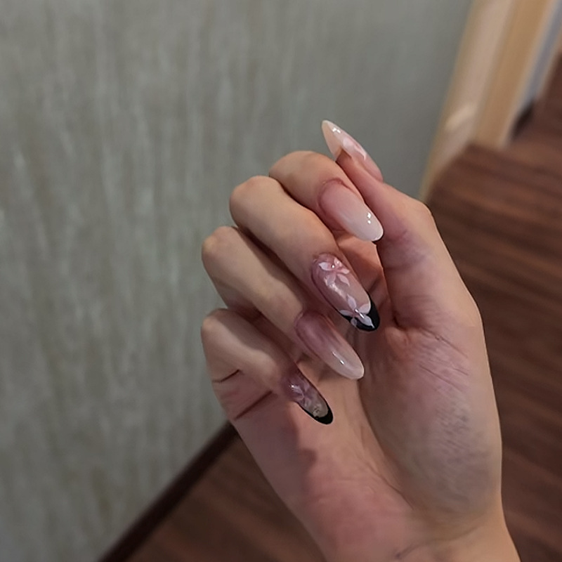 Simple almond black French edge press-on nails wholesale pure desire fairy detachable nails