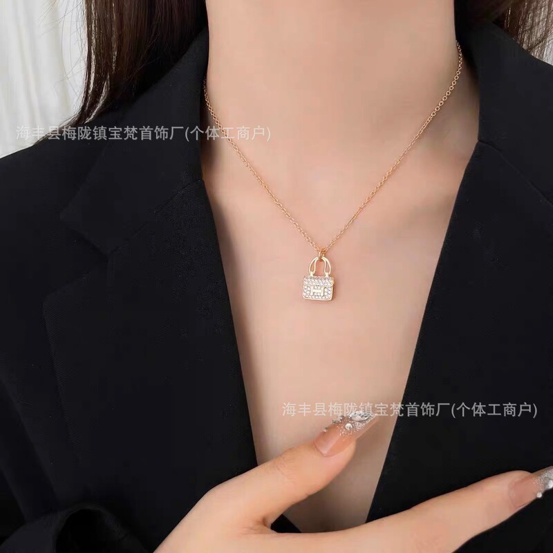 韩版时尚百搭ins满钻字母包包项链爱马可爱18K玫瑰金吊坠锁骨链女|undefined