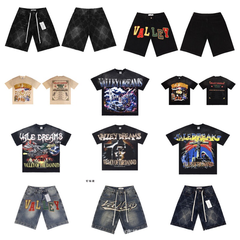 Cross-Border American Trendy Brand Vale Washed Vintage Printed Short-Sleeve Denim Shorts Loose Street Fashion T-Shirt for Men and Women