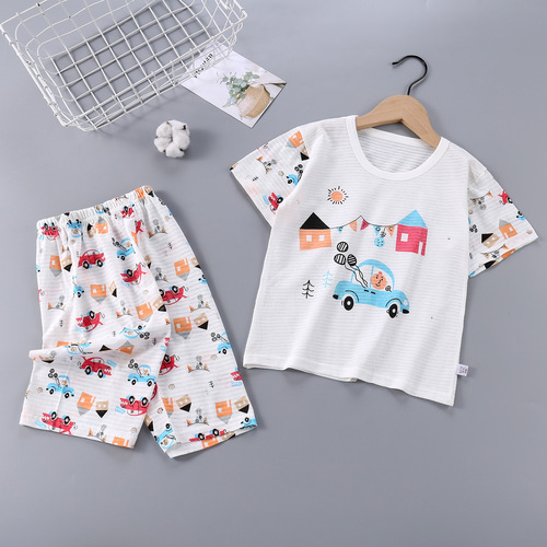 Children's short-sleeved suit summer boys' breathable air-conditioned clothing pure cotton clothing Korean style children's clothing girls' pajamas home clothes